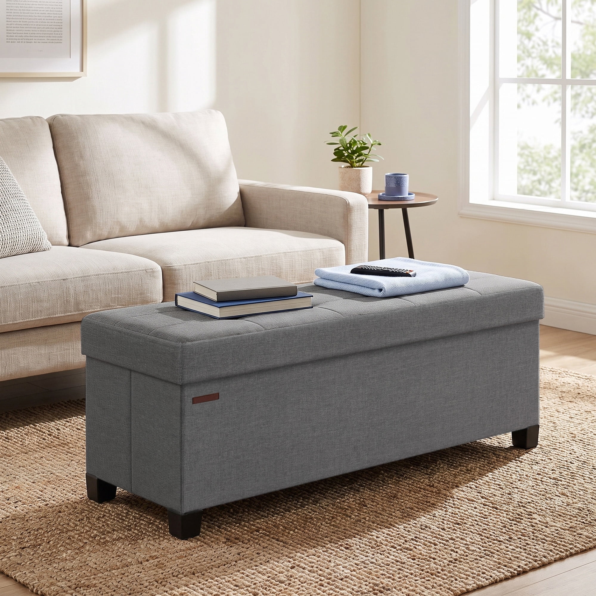 Ledrem Large Folding Storage Ottoman Bench with Footrest, Dove Gray