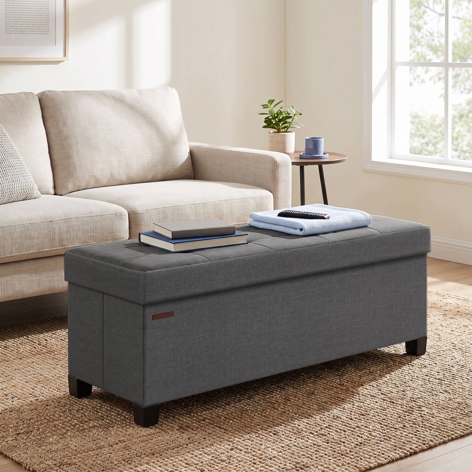 Ledrem Large Folding Storage Ottoman Bench with Footrest, Slate Gray