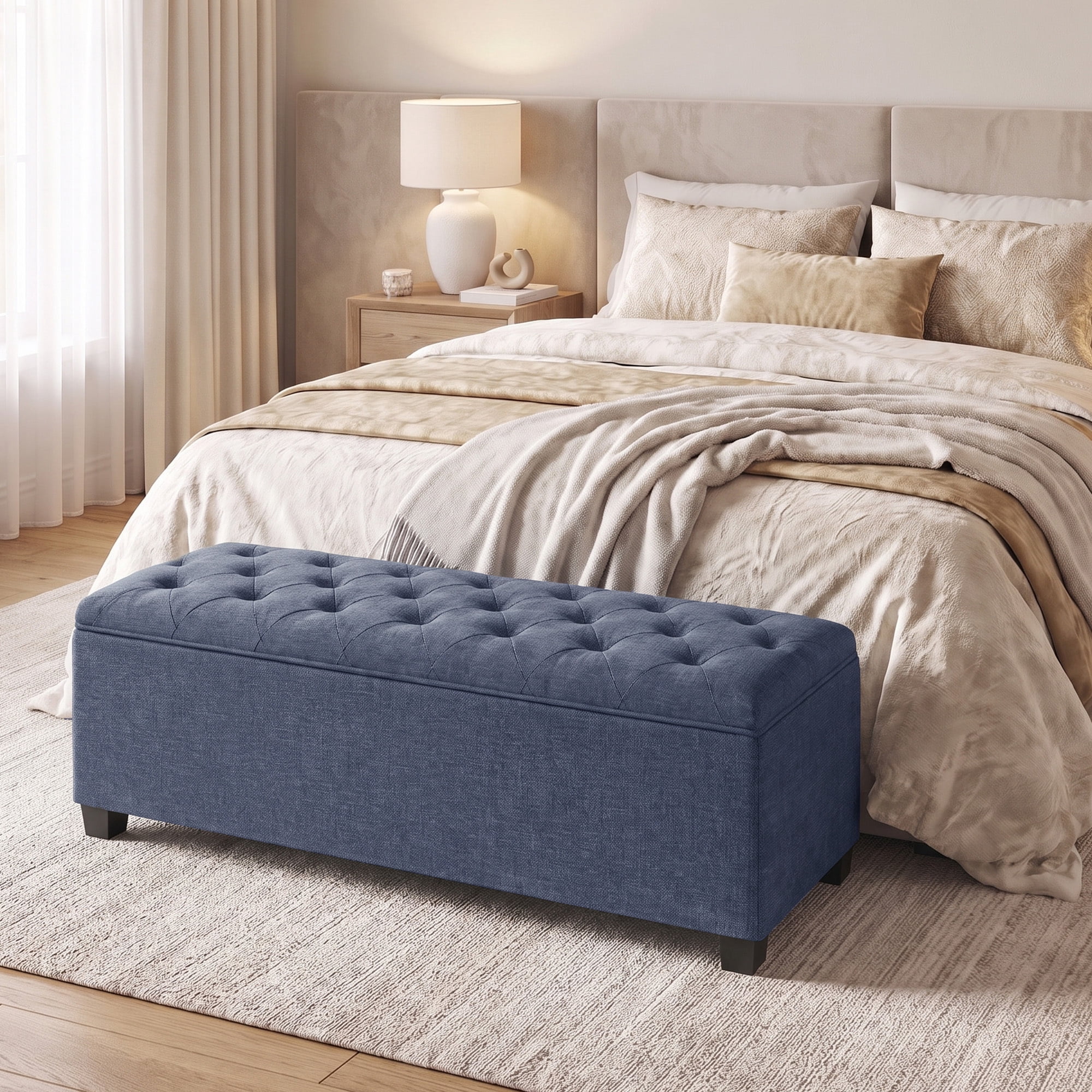 Ledrem Large Storage Ottoman Bench, End of Bed Bench with Tufted Linen-Look Fabric, Light Denim Blue
