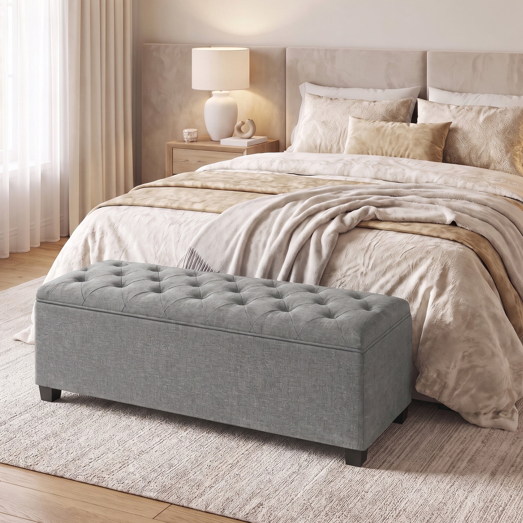 Ledrem Large Storage Ottoman Bench, End of Bed Bench with Tufted Linen-Look Fabric, Light Gray