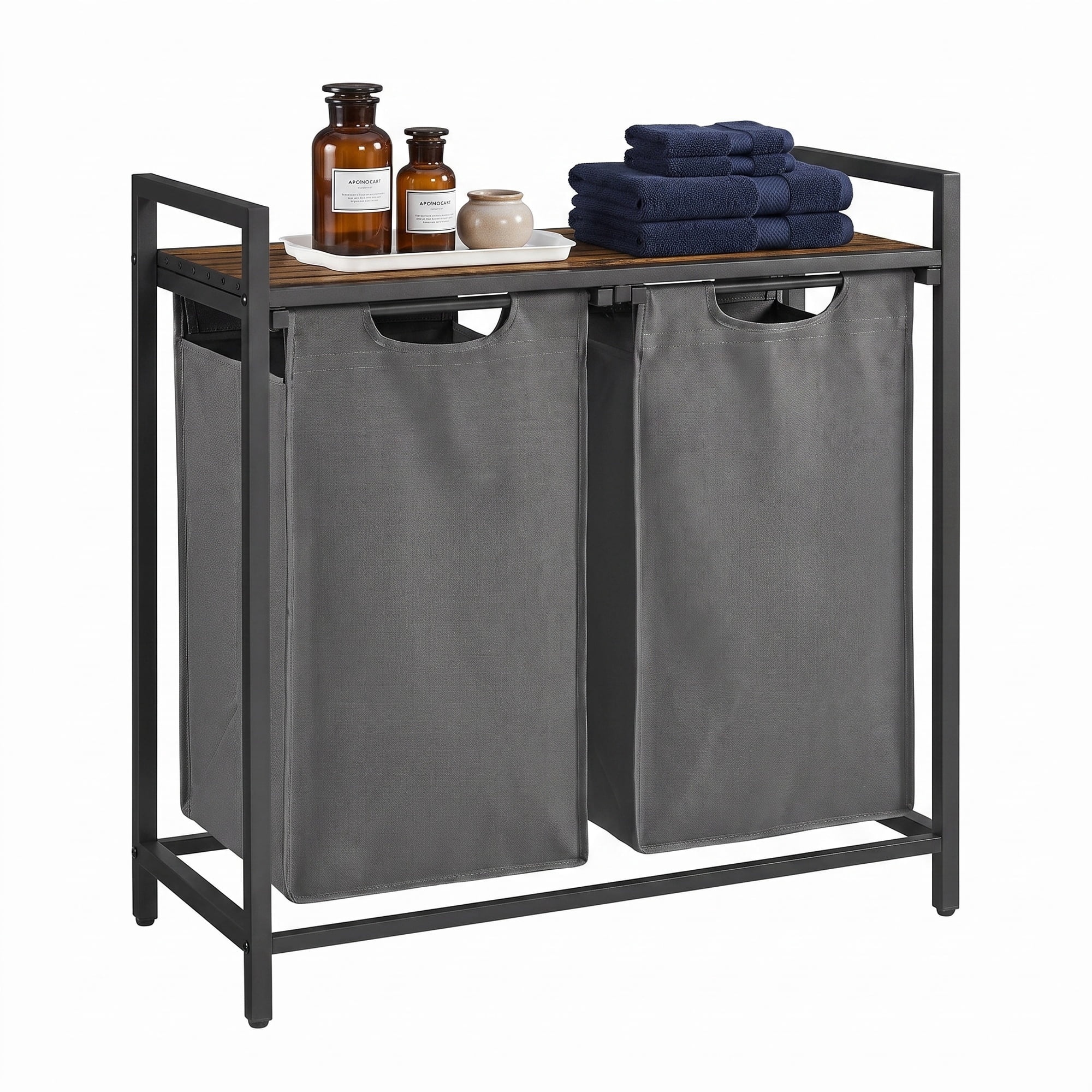 Ledrem Laundry Sorter Hamper with 2 Pull-Out Bags, Detergent Shelf, 2-Compartment, Rustic Brown/Gray