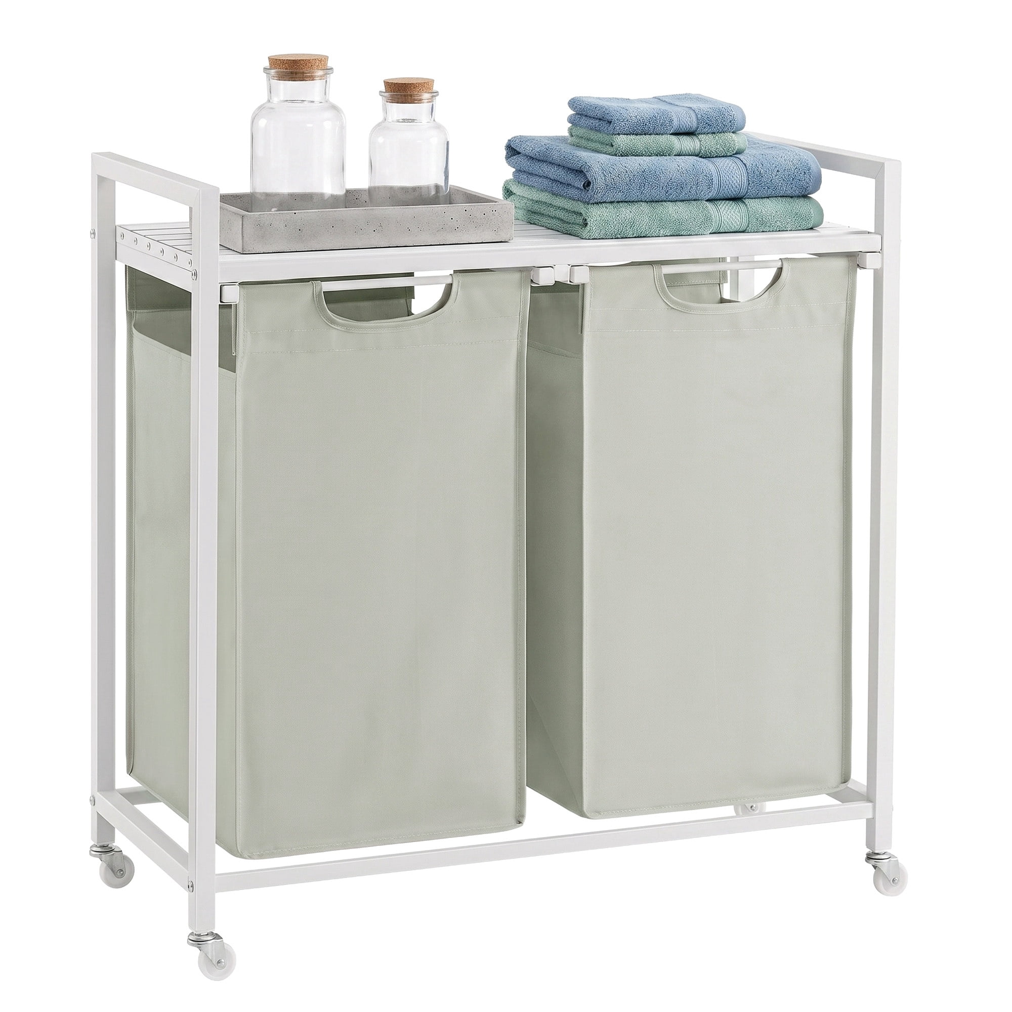 Ledrem Laundry Sorter with 2 Removable Bags and Storage Shelf, 2-Compartment Organization, White