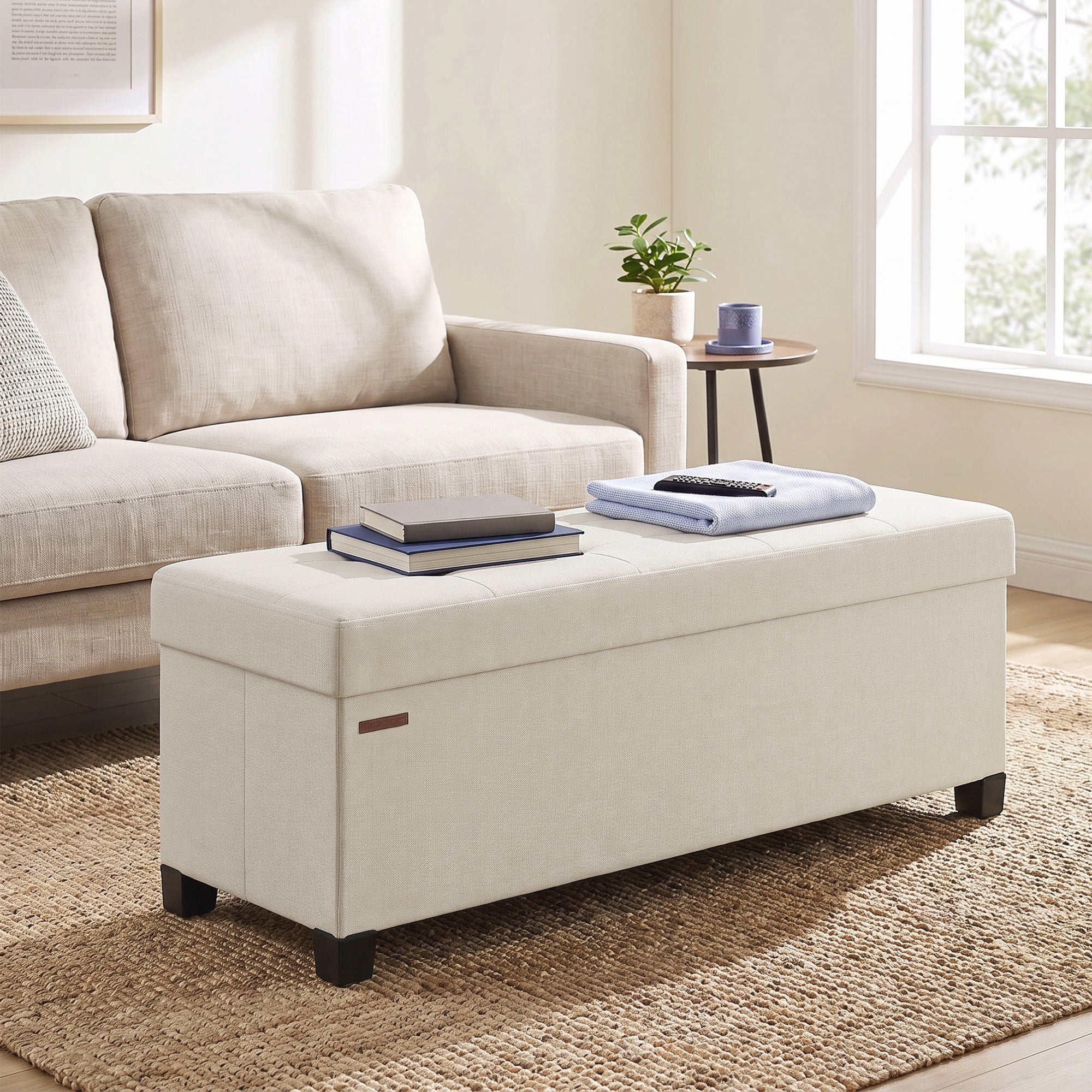 Ledrem Luxury Folding Storage Ottoman Bench with Footrest, Cream White, 43" Large