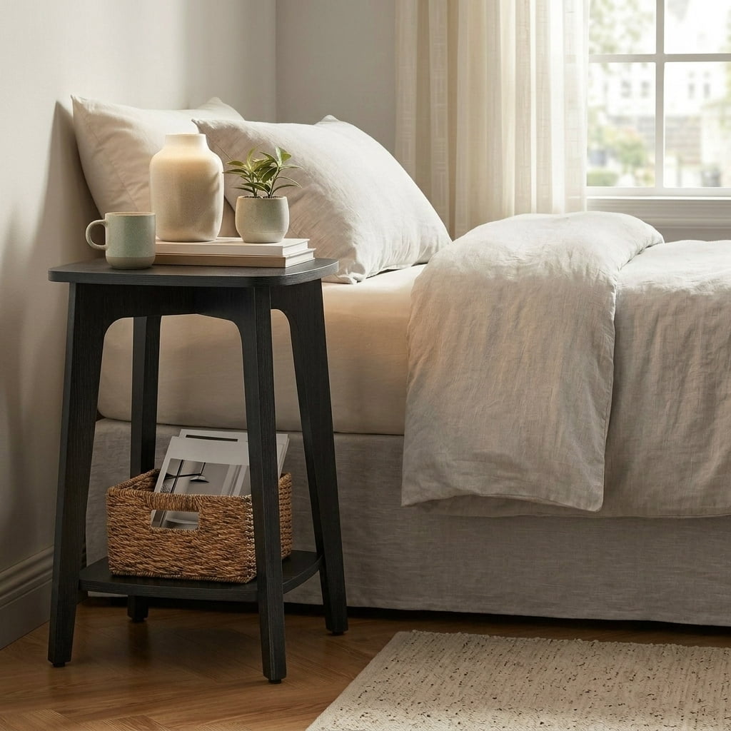 Ledrem MODERN Accent Table with Storage Shelf, Square Side Table, Charcoal Gray