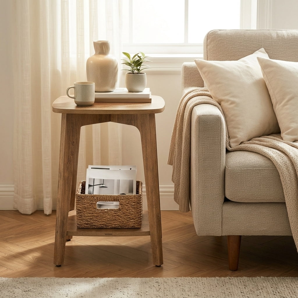 Ledrem MODERN Square Side Table with Storage Shelf, Accent Table, End Table, Honey Brown