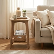Ledrem MODERN Square Side Table with Storage Shelf, Accent Table, End Table, Honey Brown