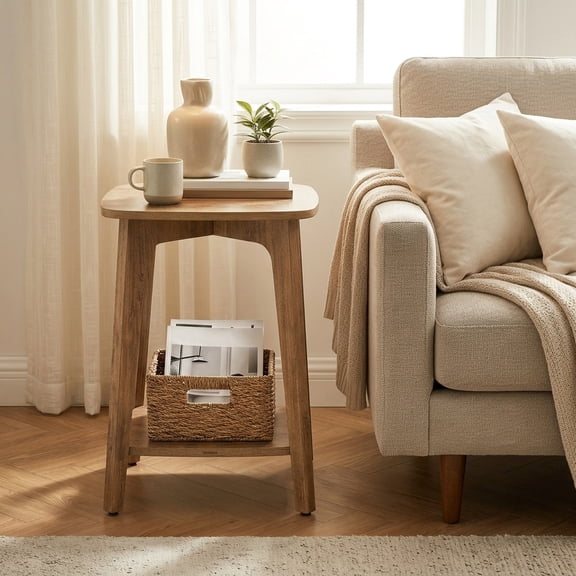 Ledrem MODERN Square Side Table with Storage Shelf, Accent Table, End Table, Honey Brown