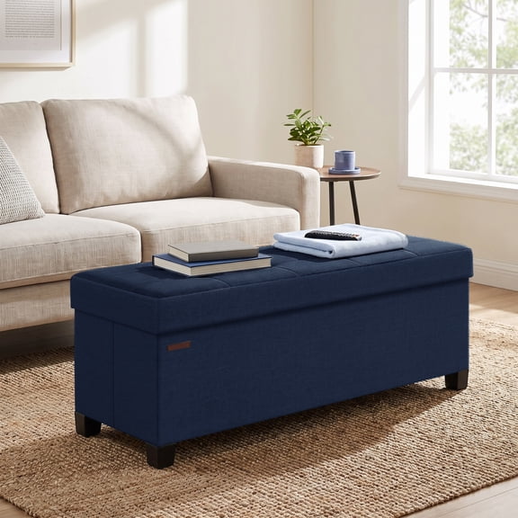 Ledrem Midnight Blue Linenette Fabric Folding Storage Ottoman Bench with Footrest, Large