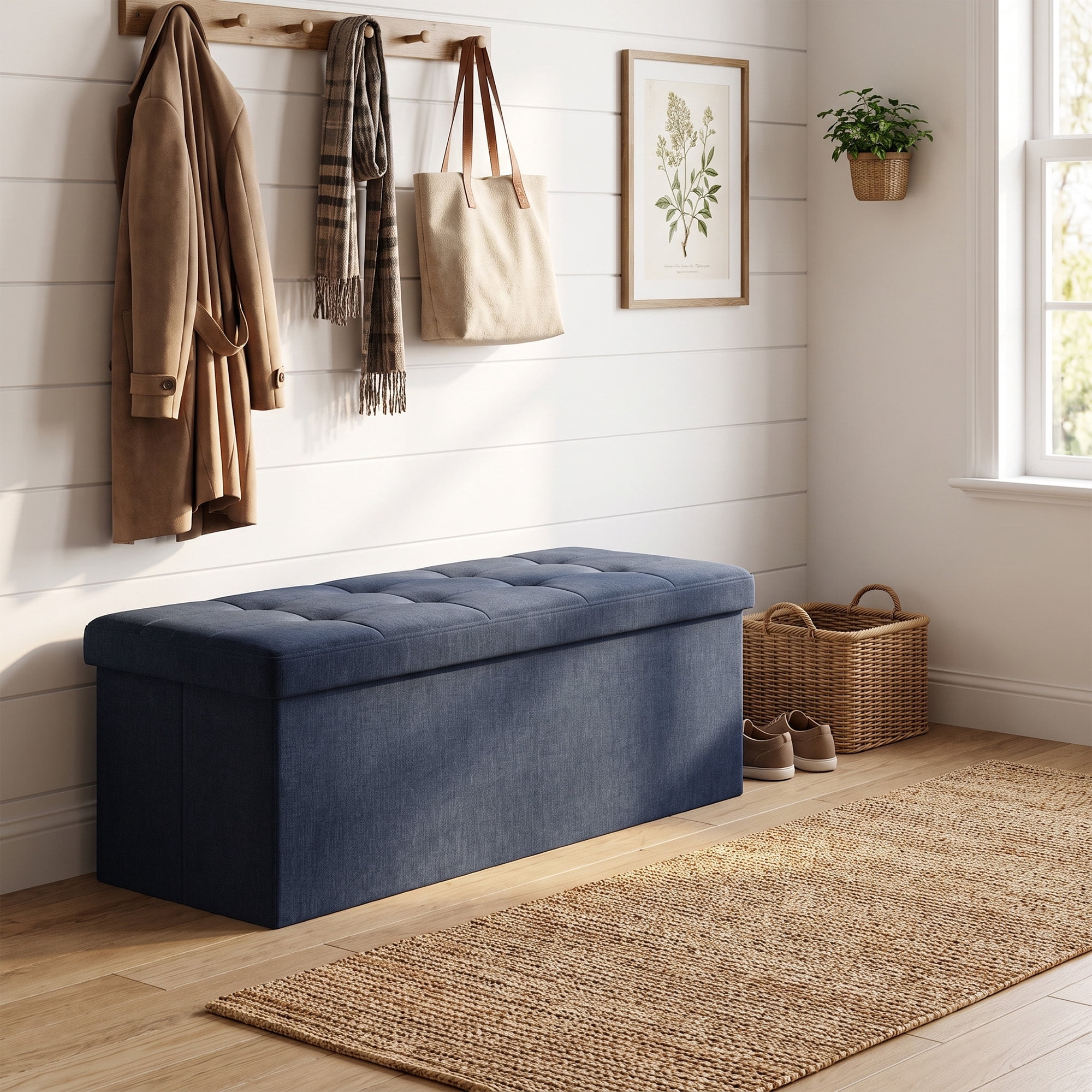 Ledrem Misty Blue Foldable Storage Ottoman Bench with Footrest, 660lb Capacity