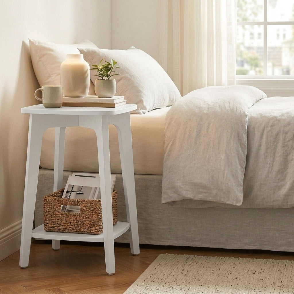 Ledrem Modern Living Room Accent Side End Table with Storage Shelf, White Particleboard, Square, 2-Tier Edit