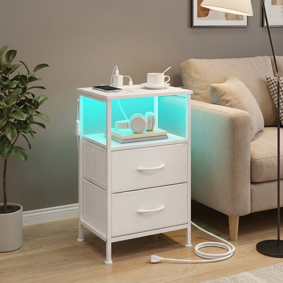 Ledrem Modern Nightstand with Charging Station & App-Controlled LED Lights, Bed Side Table with 2 Drawers, Cloud White
