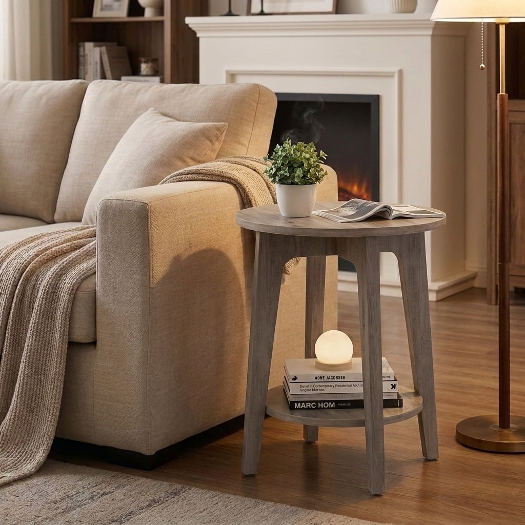 Ledrem Modern Round Accent Table with Storage, Greige Particleboard Side Table