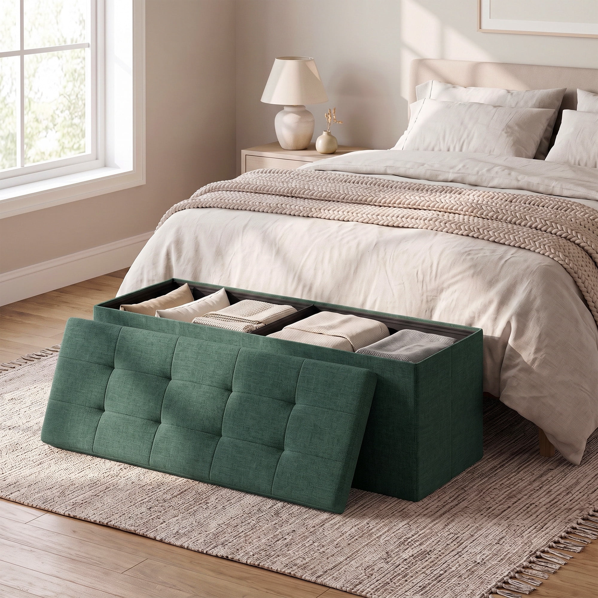 Ledrem Retro Green Foldable Storage Ottoman Bench with 660lb Capacity