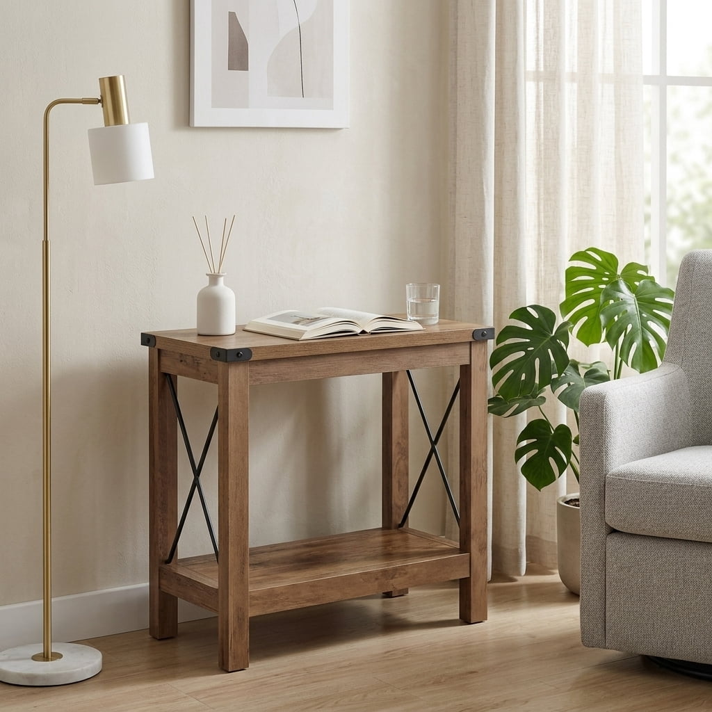 Ledrem Rustic Country Side Table, End Table for Narrow Areas, Honey Brown Particleboard and Steel