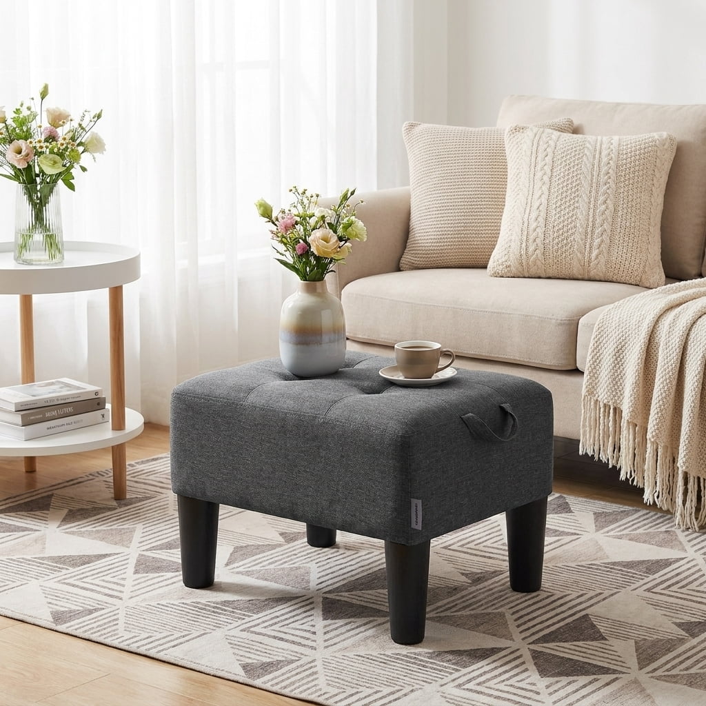 Ledrem Small Footstool Ottoman with Thick Cushion, Angled Legs, Hidden Storage Compartment, Dark Gray