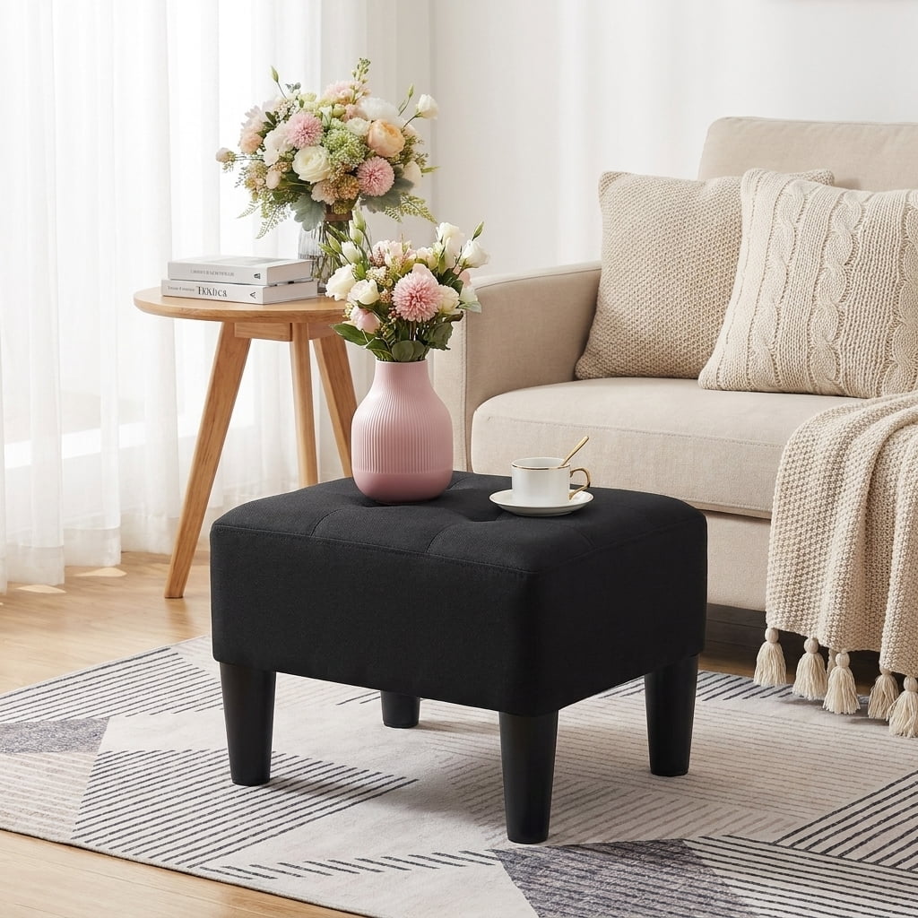 Ledrem Small Footstool Ottoman with Thick Cushion, Angled Legs, Hidden Storage Compartment, Ink Black