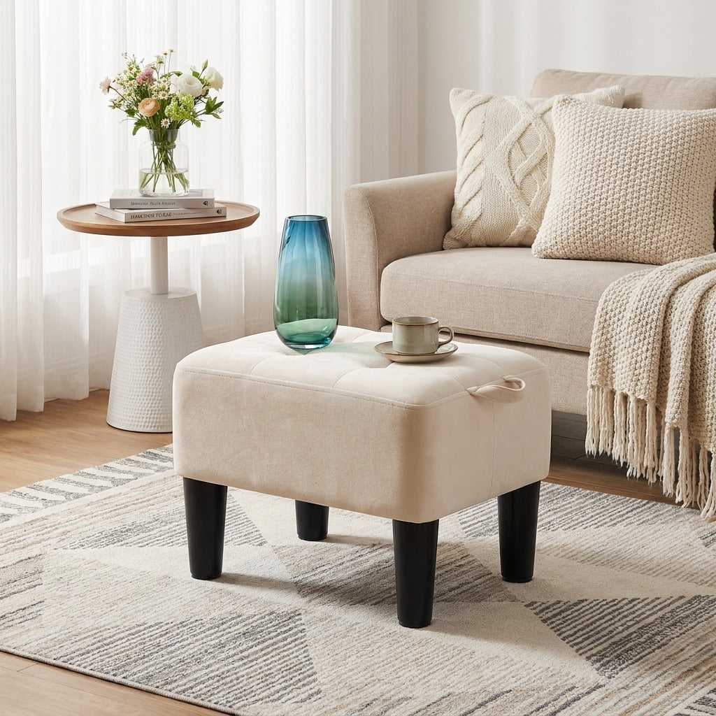 Ledrem Small Ottoman Foot Stool with Thick Cushion & Sturdy Angled Legs, Cream White