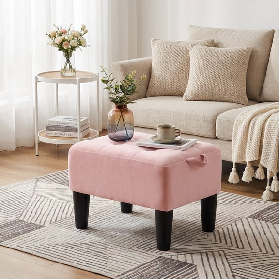Ledrem Small Ottoman Foot Stool with Thick Cushion and Sturdy Angled Legs, Jelly Pink