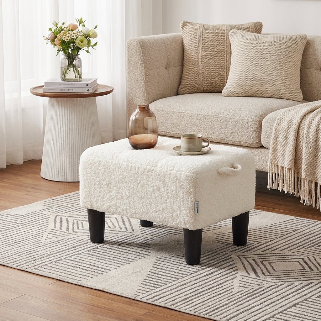 Ledrem Small Ottoman Foot Stool with Thick Cushion and Sturdy Angled Legs, White