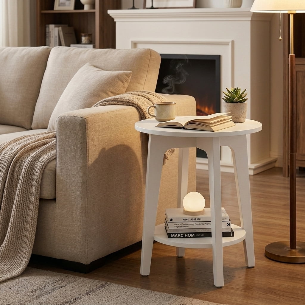 Ledrem White Round 2-Tier Accent Side Table with Storage