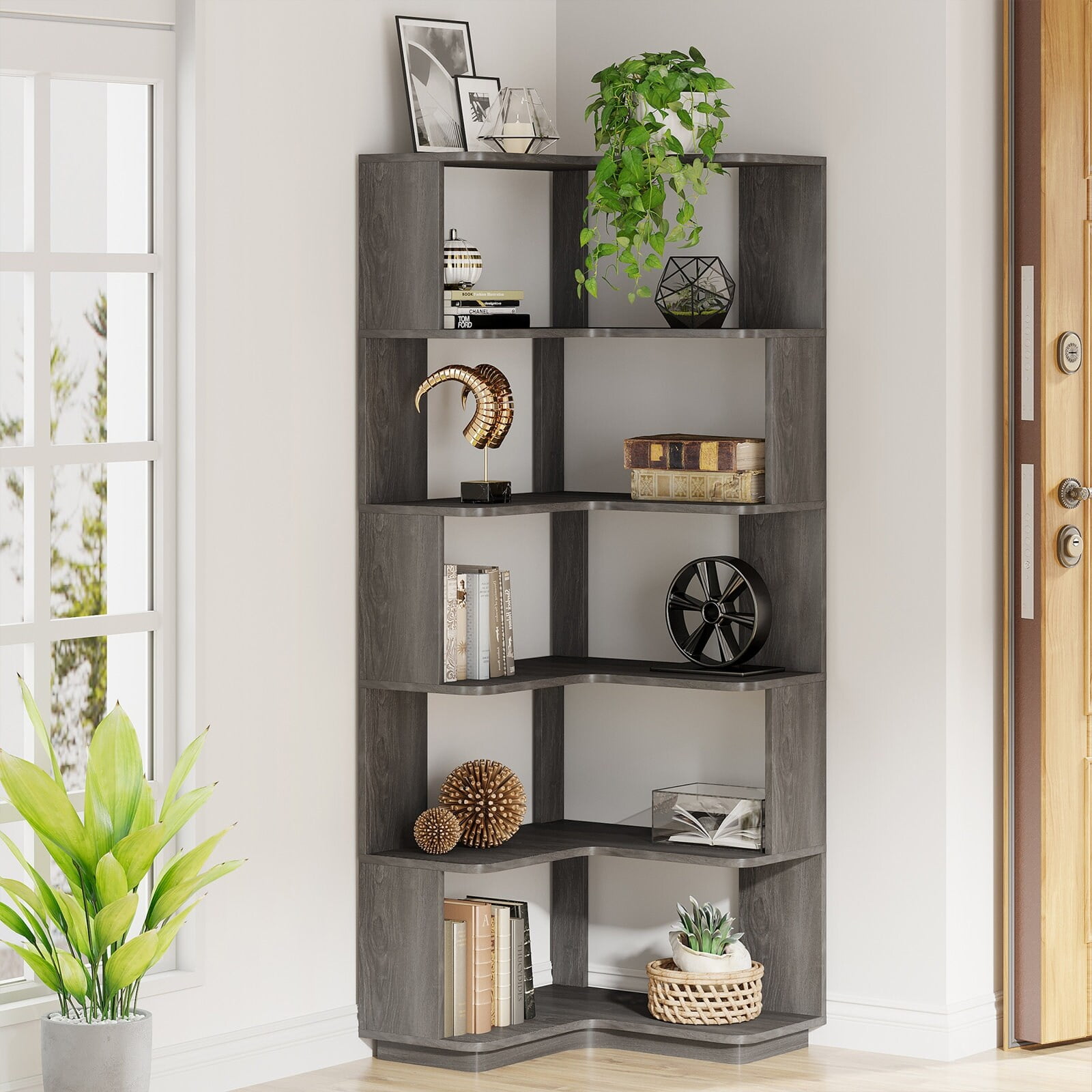Lee 6Tier Corner Book Shelf, 64.9"Tall Freestanding Wood Industrial