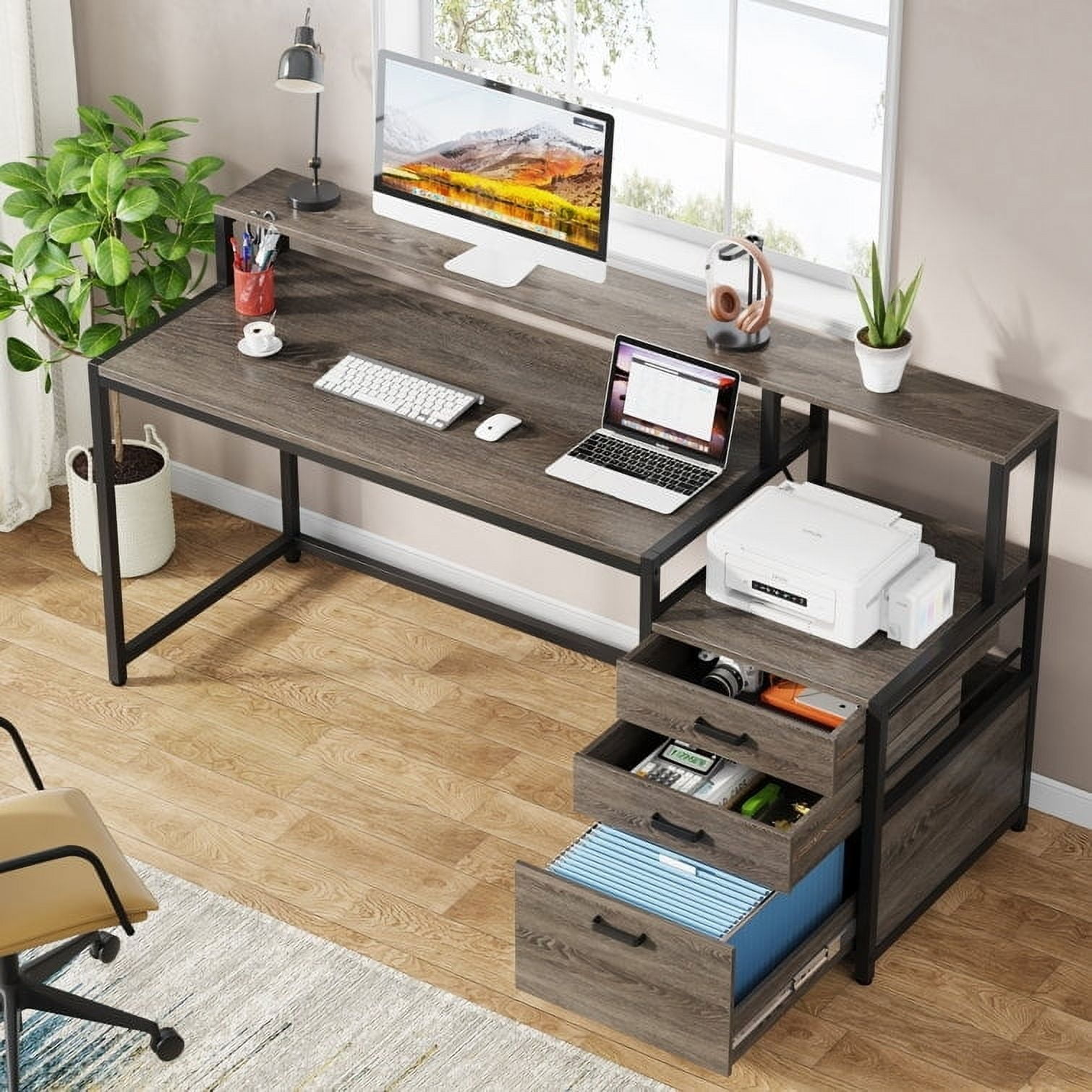 Gray 63" Ergonomic Computer Desk with File Drawer and Monitor Stand