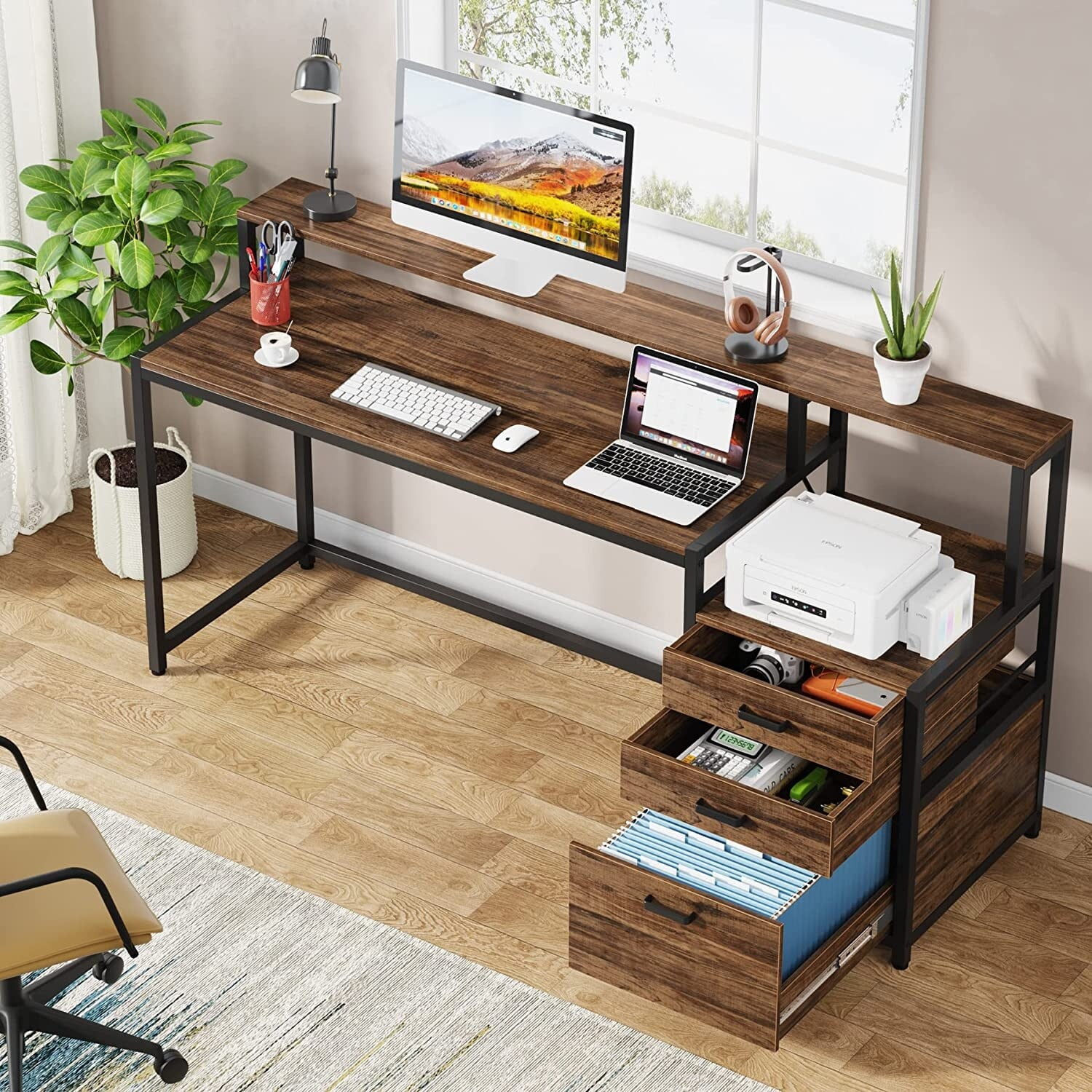 Rustic Brown Adjustable Height Wood Computer Desk with Drawer and Filing Cabinet