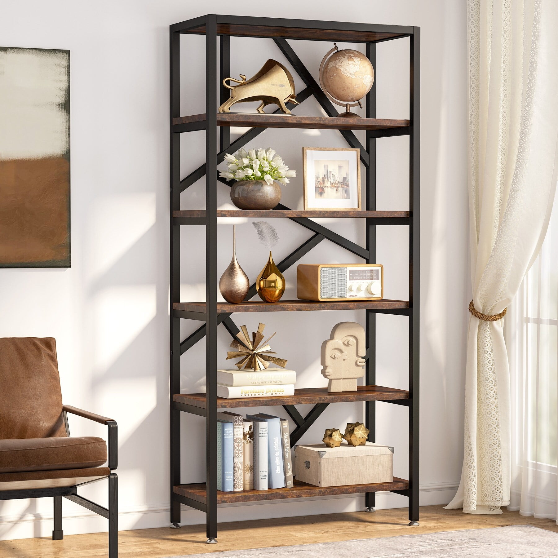71 Inch Rustic Brown Wood Baker's Rack with Industrial Shelves