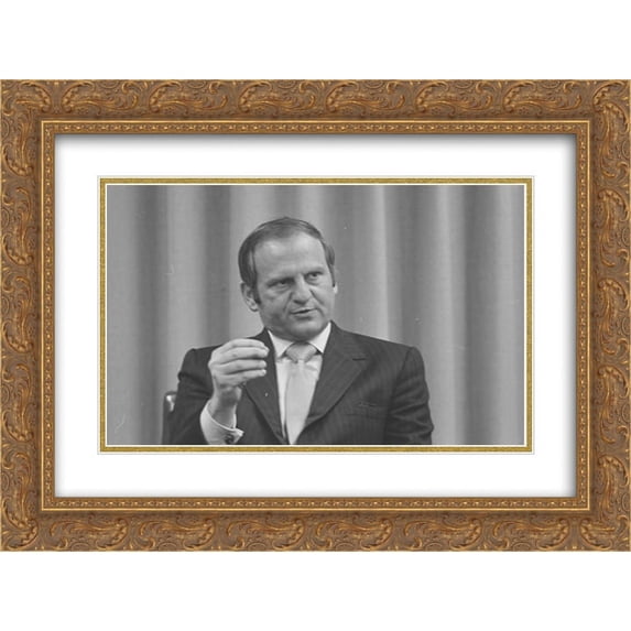 Lee A. Iacocca, President of Ford Motor Company, head-and-shoulders portrait, facing front, gesturing with one hand, during an interview 20x24 Double Matted Gold Ornate Framed Art Print