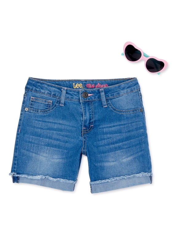 Girls Mid Length Roll Cuff Denim Shorts with GWP Sunglasses, Sizes 7-16