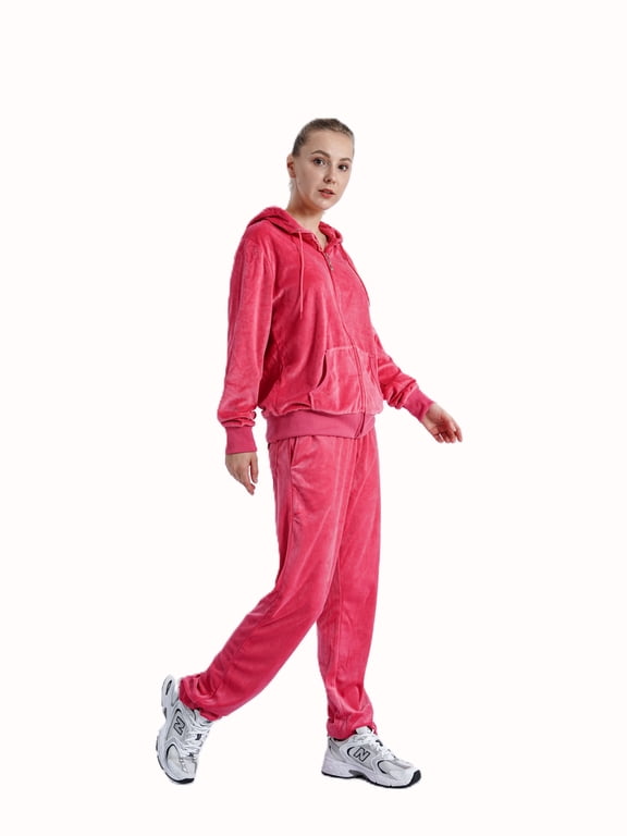 Womens 2 Piece Set Long Sleeve Outfit Hooded Velour Open Leg Sweatsuit with Pockets Pink 3XL