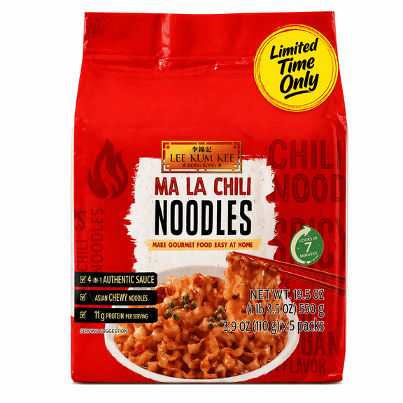 Lee Kum Kee Mala Chili Noodles (3.9 oz each, 5 Count - 1 pack) Chewy Noodles, Vegan, Spicy | Perfect for Quick Meals