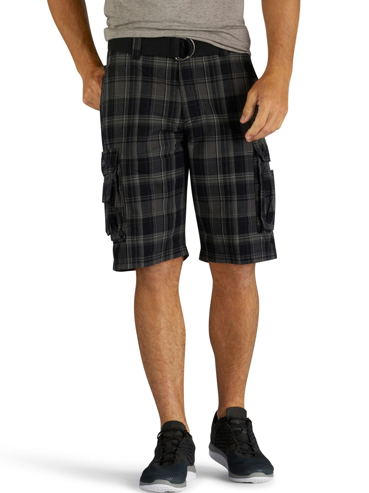 Lee Men's Big & Tall Belted Wyoming Cargo Short Black Clifton Plaid