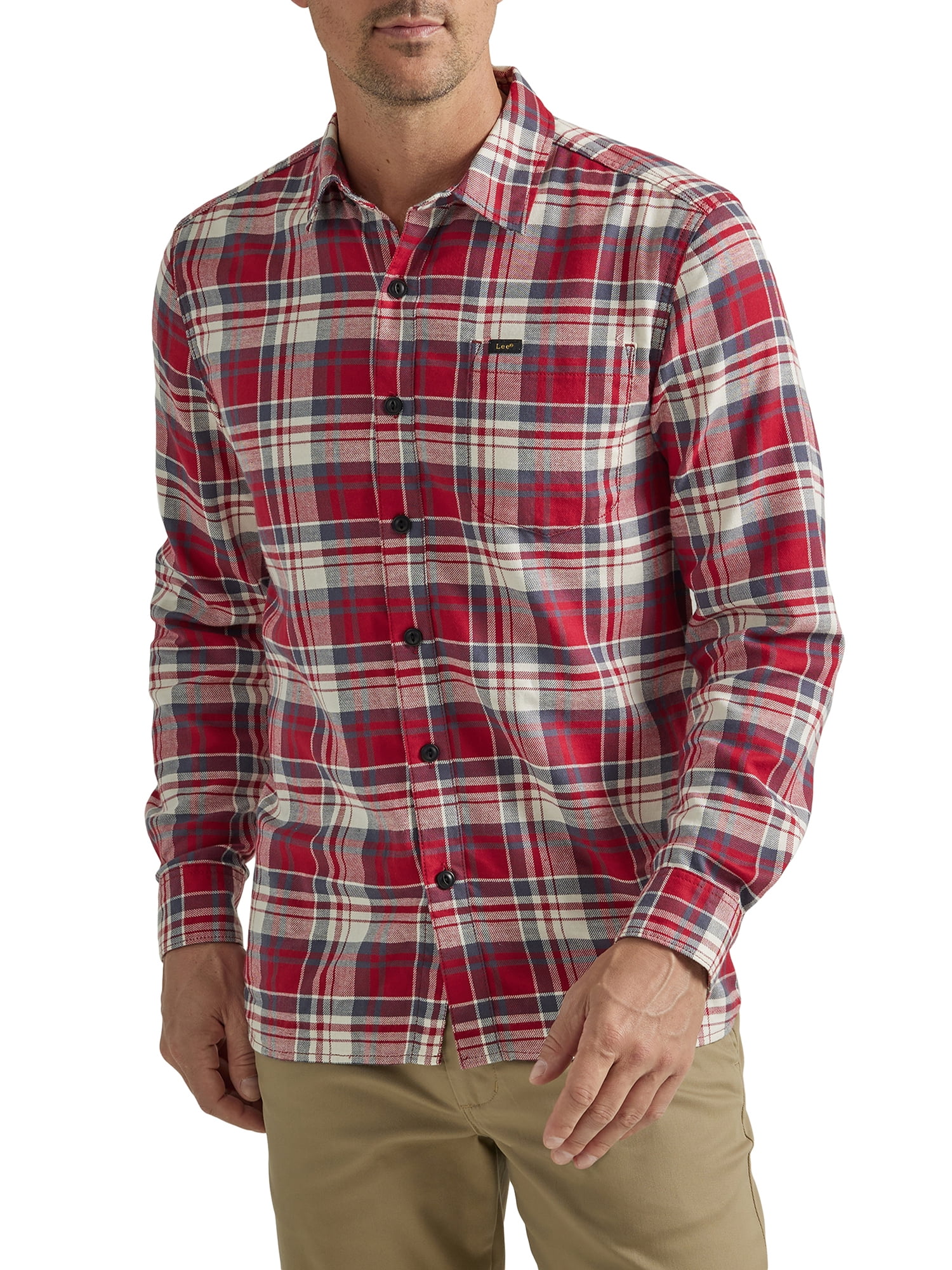 Lee Men's Stretch Flannel Shirt, 1x Gray Solid 1x Red Plaid, X-Large XL,  2-Pack