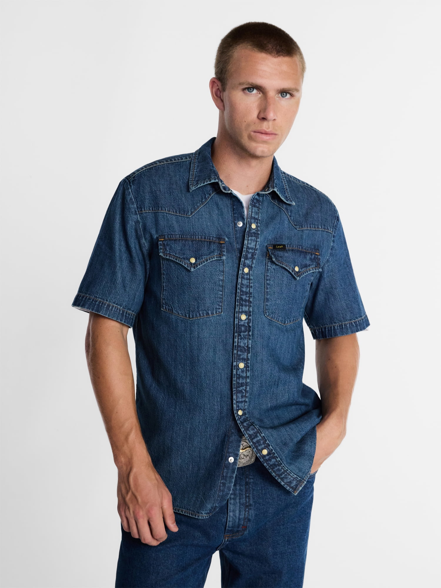 その他 salsation Round Neck T-Shirt Blue Denim Kacey Lee Men's Western Denim Shirt with Short Sleeves, Sizes S