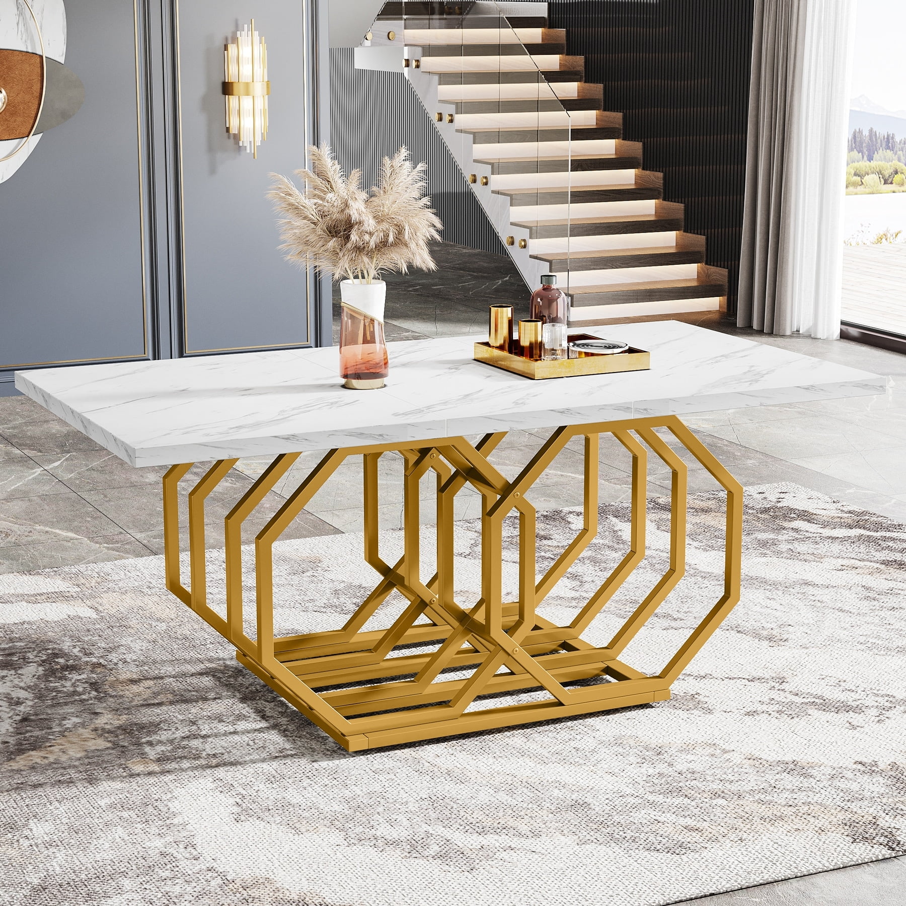 Lee Modern Dining Table with Geometric Base for 6, 63 inch Long