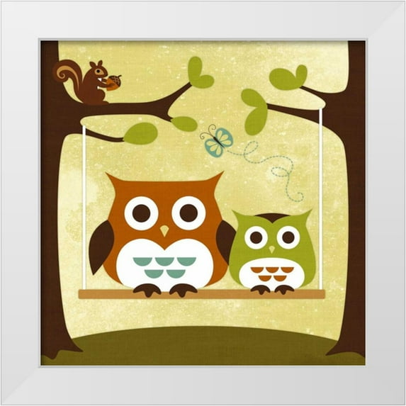 Lee, Nancy 20x20 White Modern Wood Framed Museum Art Print Titled - Two Owls on Swing
