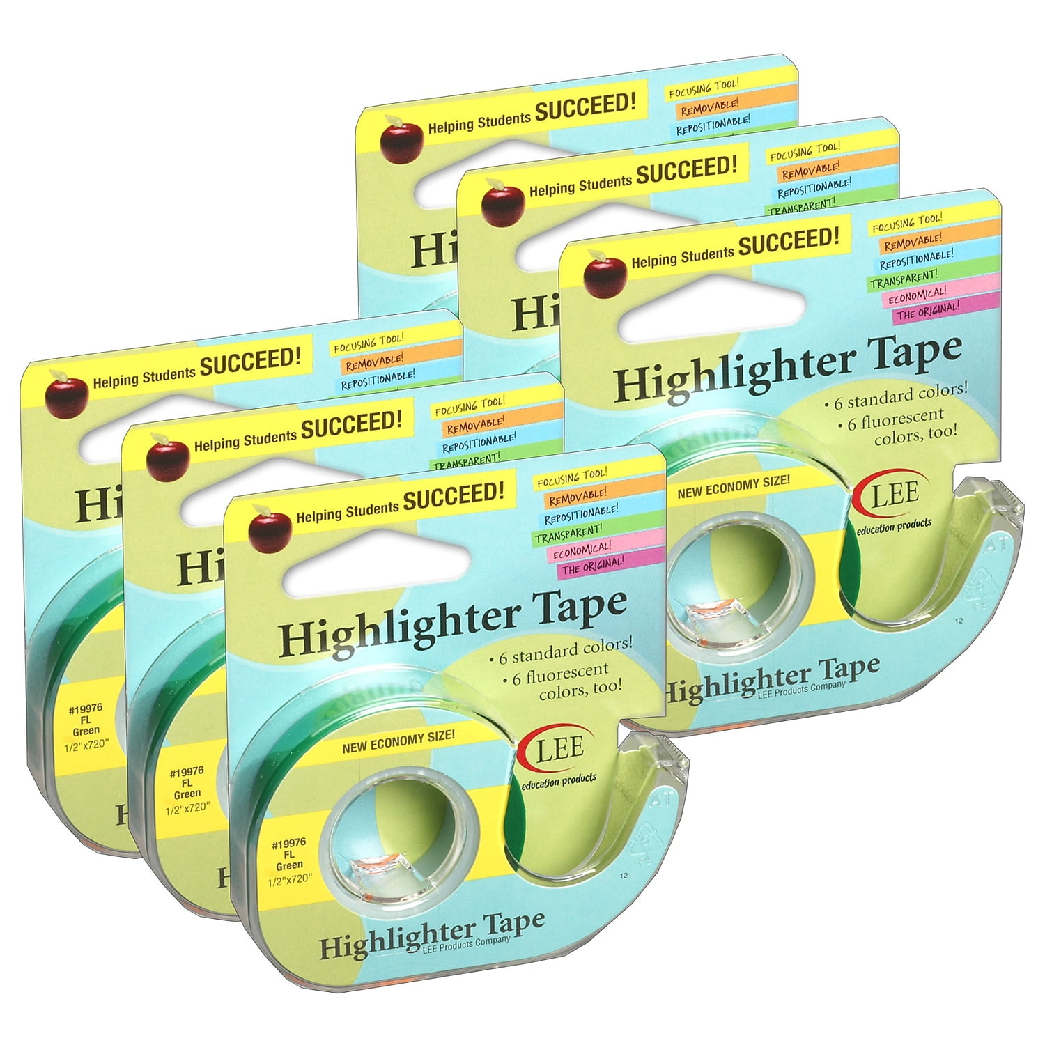 Lee Products Removable Highlighter Tape, Fluorescent Green, Pack of 
