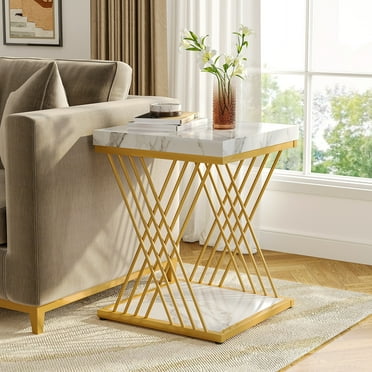 Lee Square End Table,Mid-century Modern Bed Side Tables, Accent Table Living Room Faux Marble White+Gold