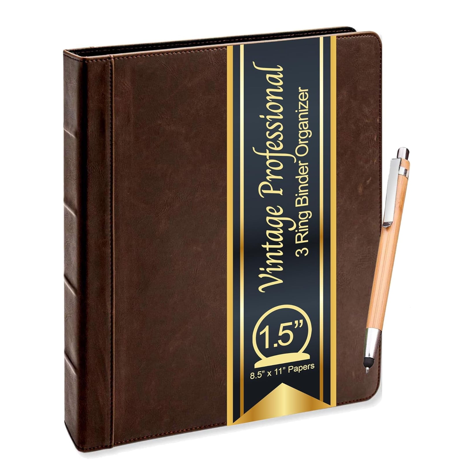 Lee Vintage Professional 3 Ring Binder Organizer, 1.5-inch Round Rings, 8.5" x 11" Sheet Size, 2 Inner Pockets, Appearance of Antique Brown Leather