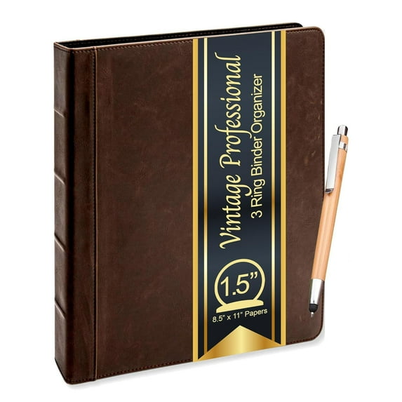 Lee Vintage Professional 3 Ring Binder Organizer, 1.5-inch Round Rings, 8.5" x 11" Sheet Size, 2 Inner Pockets, Appearance of Antique Brown Leather