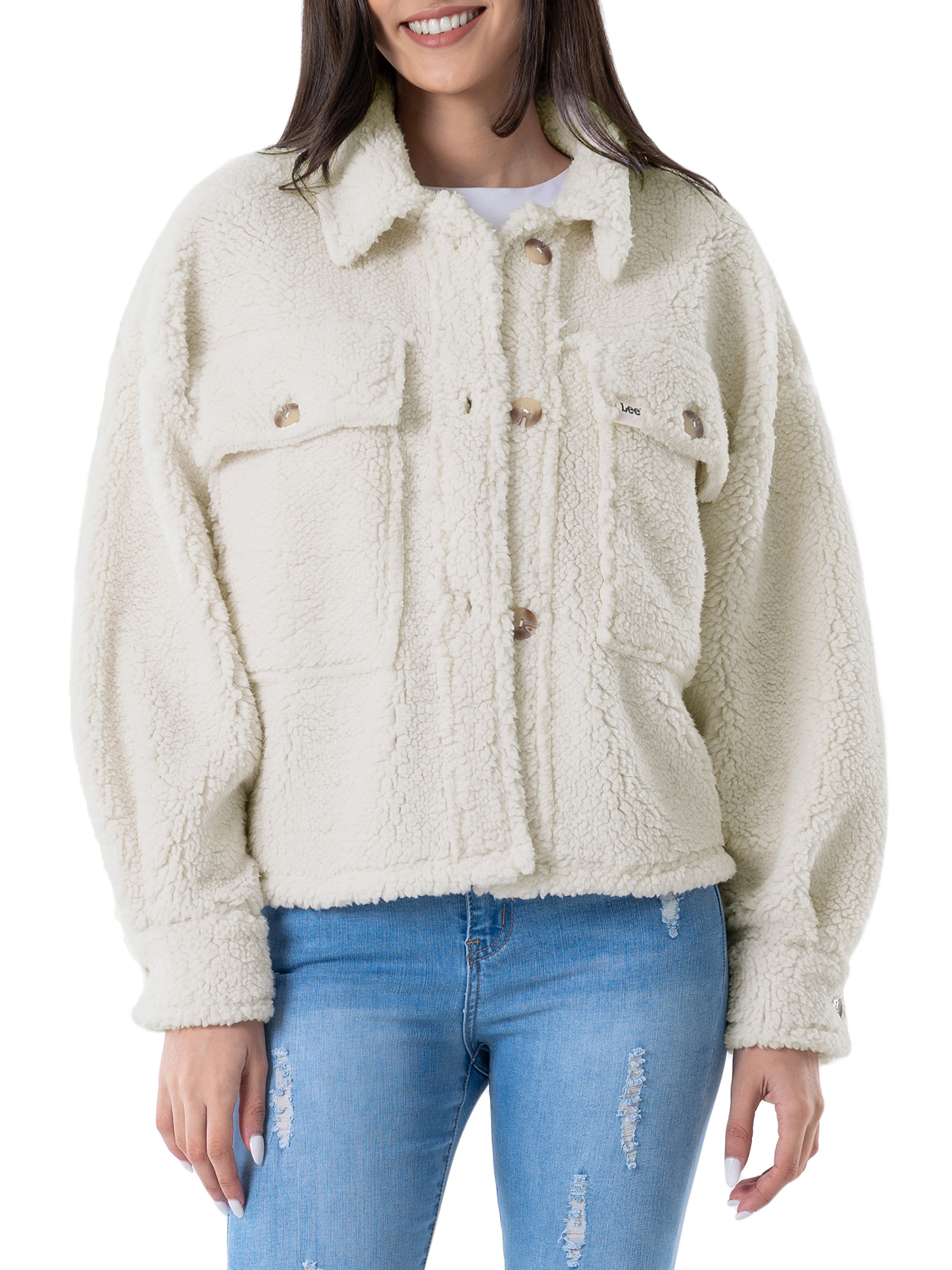 Lee® Women's Long Sleeve Cropped Sherpa Shirt Jacket - image 1 of 9