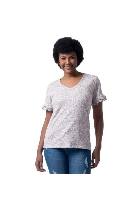 Womens and Plus Short Sleeve Cotton Ruffle V-Neck T-Shirt, S-4X