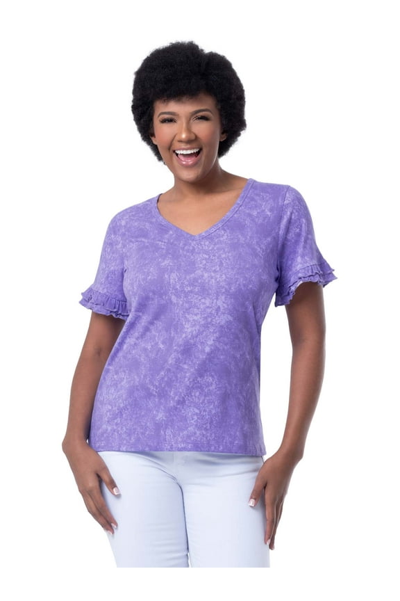 Womens and Plus Short Sleeve Cotton Ruffle V-Neck T-Shirt, S-4X