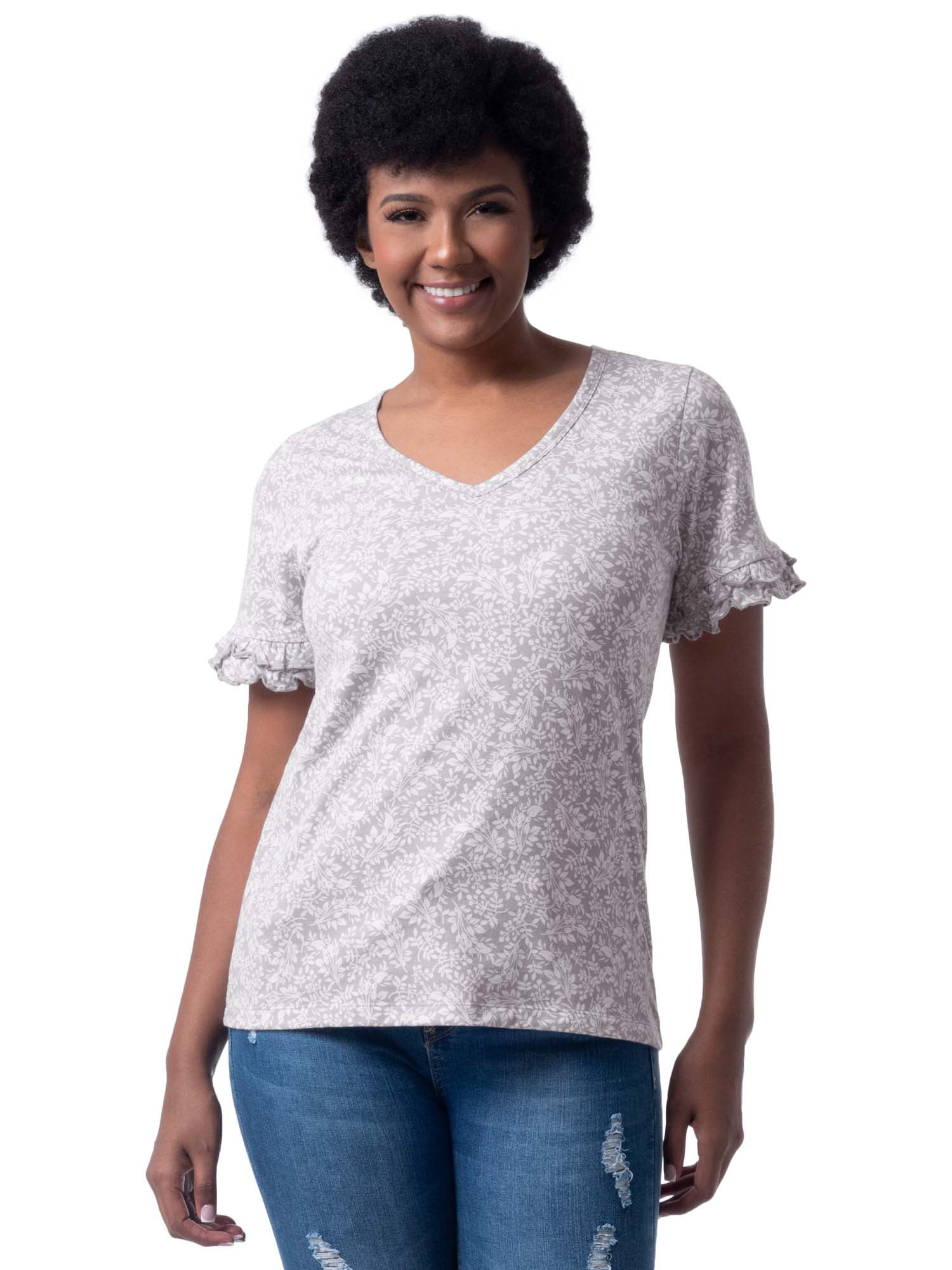 POL V-Neck Short Sleeve Womens T-Shirt Ruffle Sleeve