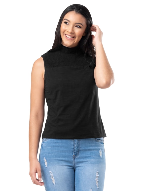 Womens and Plus Smocked High-neck Tank Top, S-4X