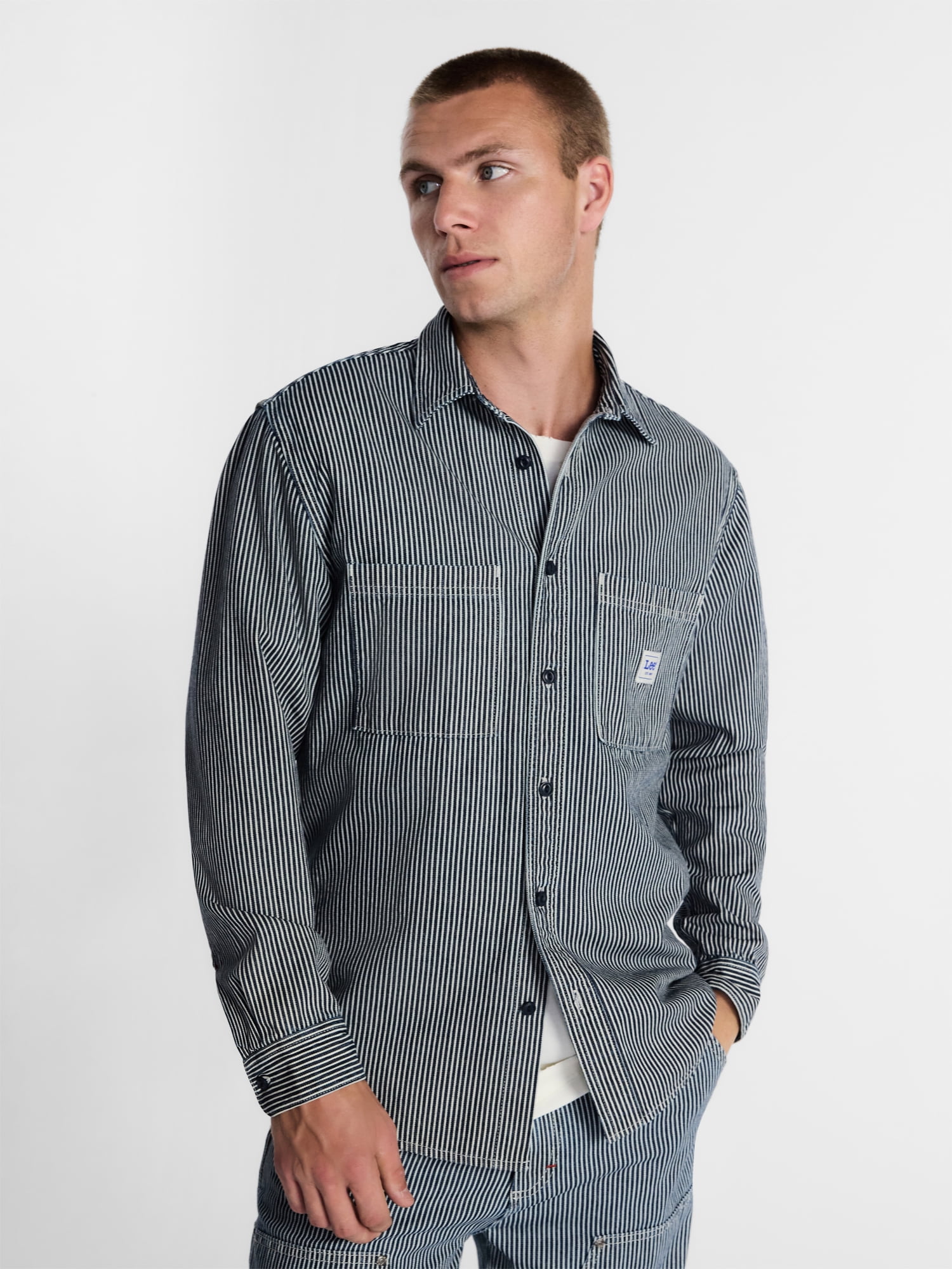 Kacey Lee Men's Workwear Striped Denim Shirt with Long Sleeves, Sizes S-2XL