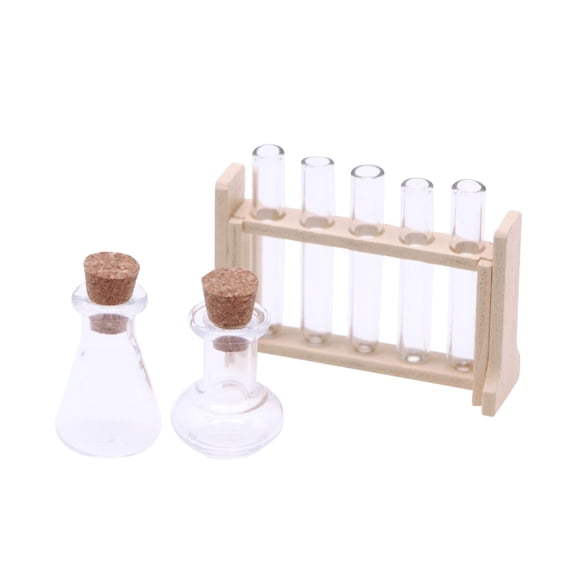 LeeQinersw 1/12 Dolls House Model Clear Glass Test Tubes 2x Measurement Cups Dollhouse Test Wood