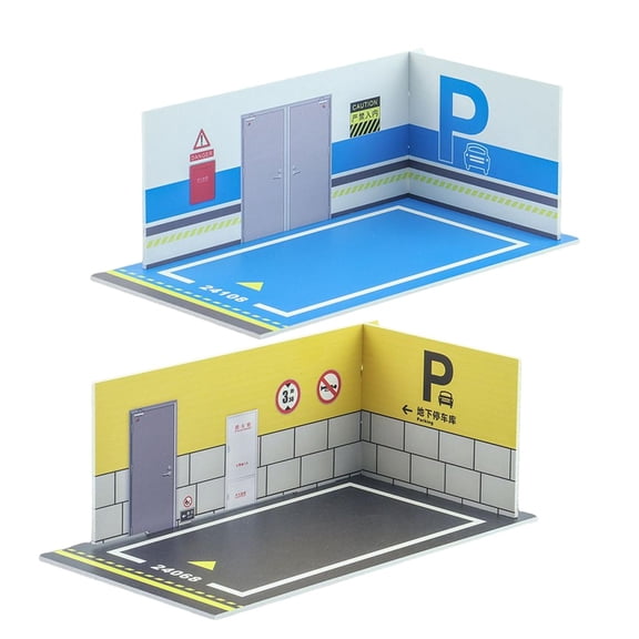 LeeQinersw 2x 1/24 Car Model Toy Cars Diorama Parking Lot Backdrop Parking Space Simulation YellowWallBlueFloor