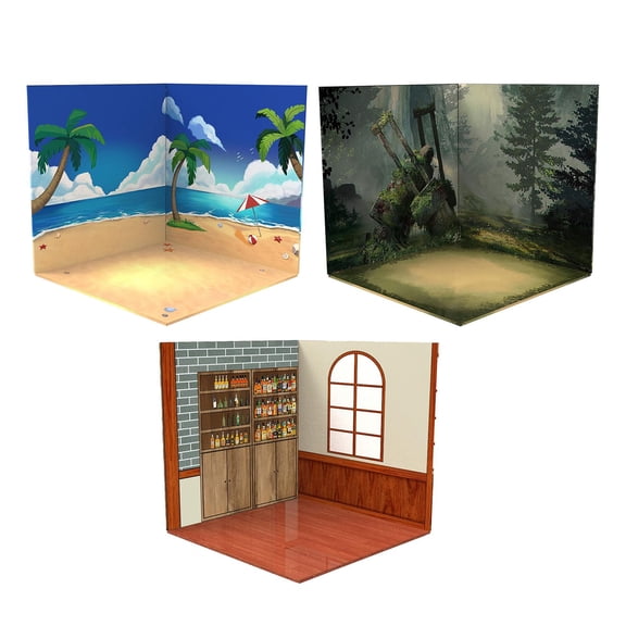 LeeQinersw 3pieces Model Display Backdrop Diorama Show Background for 1/12 Scale Figures Forest and Beach and Pub